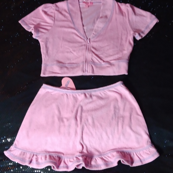 Sugar Thrillz Dresses & Skirts - Dolls Kill × Sugar Thriĺlz 2pc Pink & Purple Terry Skirt & Zip-up Crop Top (M)